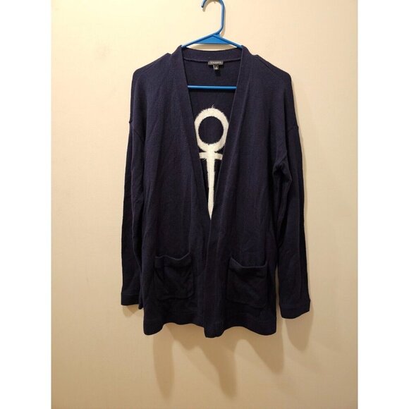 Women's Talbots Open Cardigan Sweater Blue Nautical Anchor Pockets Size Small - Picture 2 of 5